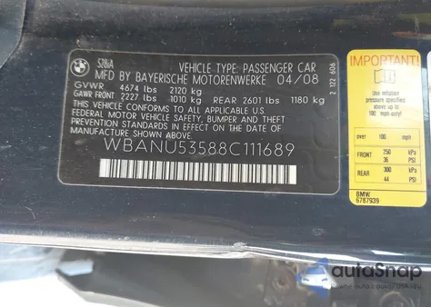 2008 BMW 528I z USA, uszkodzony, nr VIN WBANU53588C111689